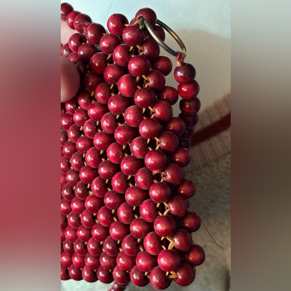 VINTAGE WALBORG bag, 60s/70s ruby red wooden bead clutch/hand bag JAPAN - Picture 15 of 16
